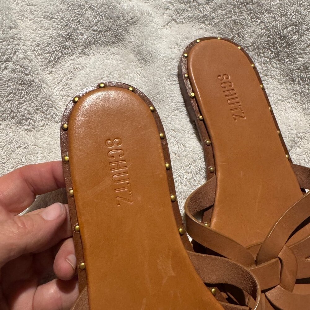 Schultz Phoenix Flat. Brown Leather. Size 8 tan brown slides slip on sandal trav - Picture 3 of 14